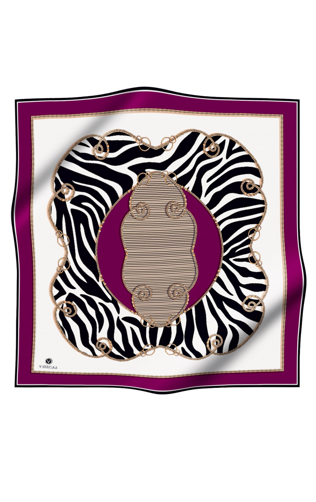 %100 Twill İpek Zincirli Ve Zebra Desenli Mürdüm - Bej Renkli 90x90 Eşarp Dikim Şekli : El Dikişi