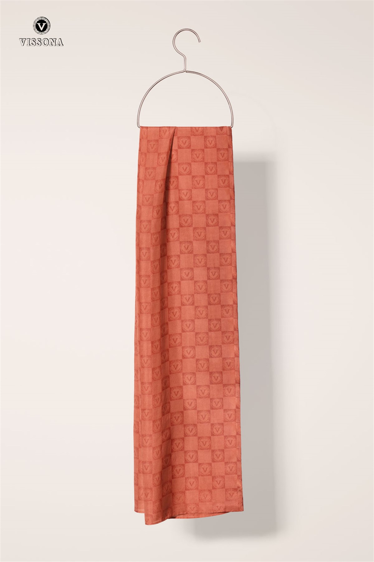 Vissona %57 İPEK %43 PAMUK Monogram Desenli Turuncu Renkli Şal -  70x190 Dikiş Tipi İtalyan Dikişli