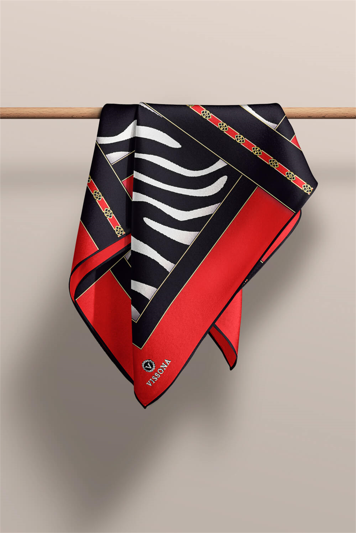 %100 Twill İpek Zebra Desenli Kırmızı - Siyah  Renkli 90x90 Eşarp Kenar Dikiş Şekli El Dikişli