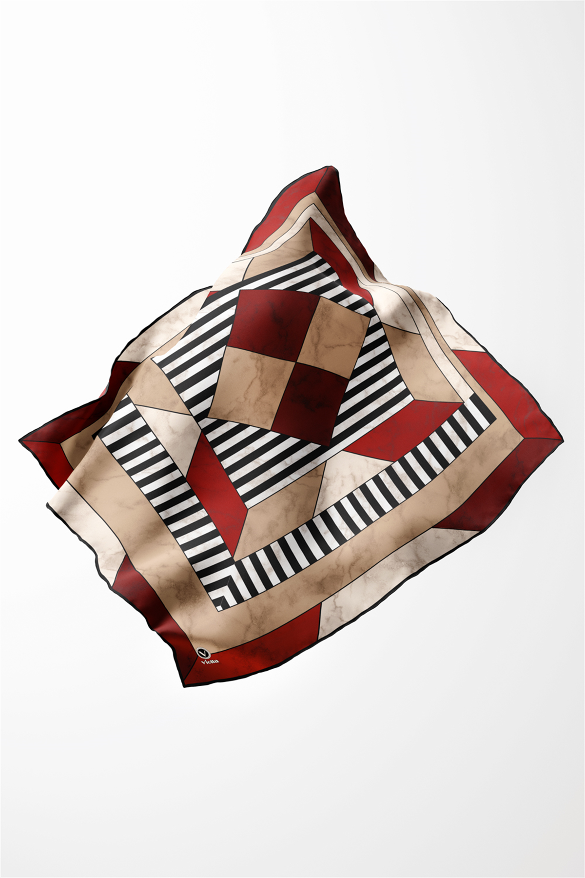 Twill Çizgili Geometrik Mermer Desenli Bordo Renkli 90x90 Eşarp (İpek İçermez) Kenar Dikiş Şekli El Dikişli