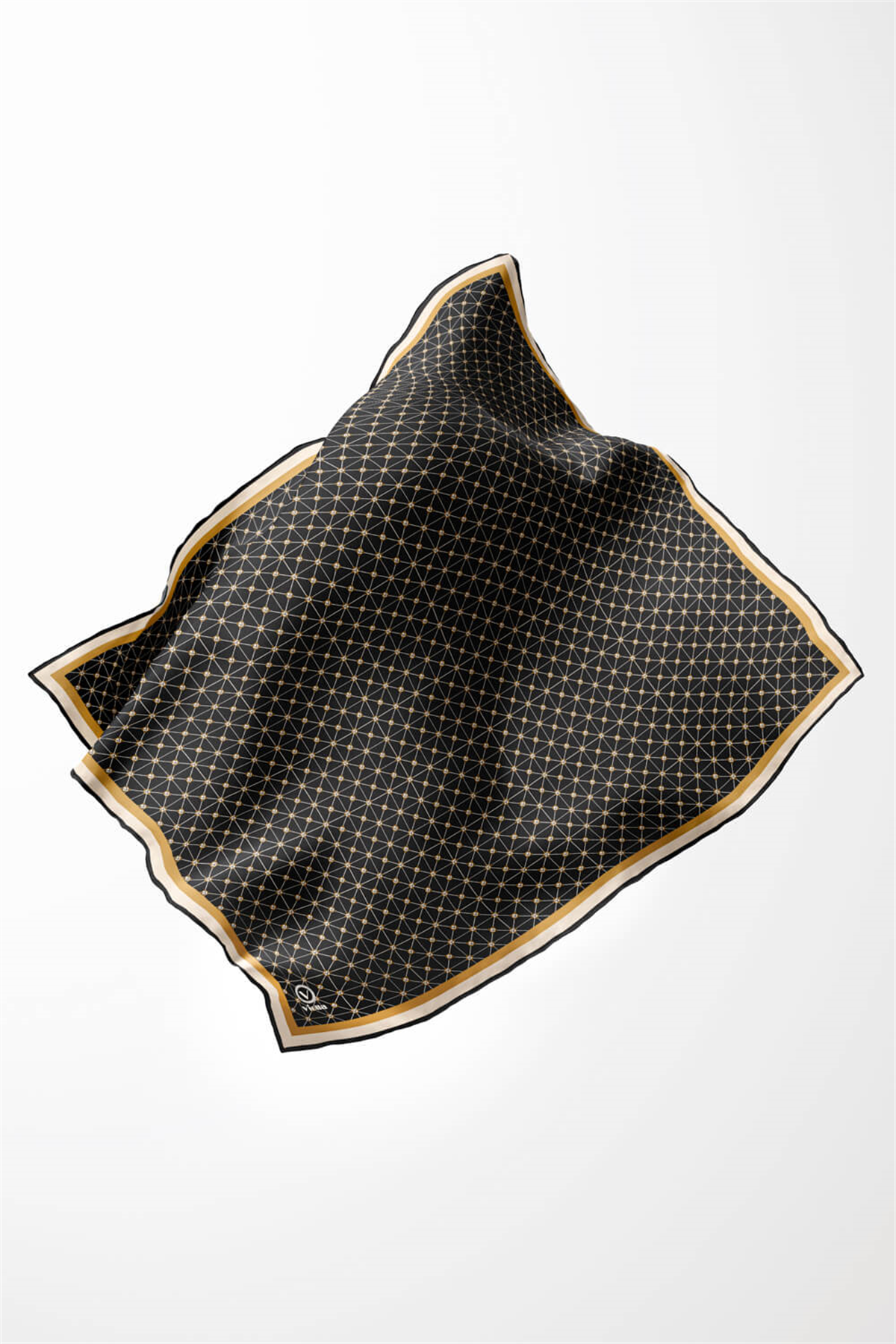 Twill Monogram Desenli Siyah - Gold Renkli 90x90 Eşarp (İpek İçermez) Kenar Dikiş Şekli El Dikişli