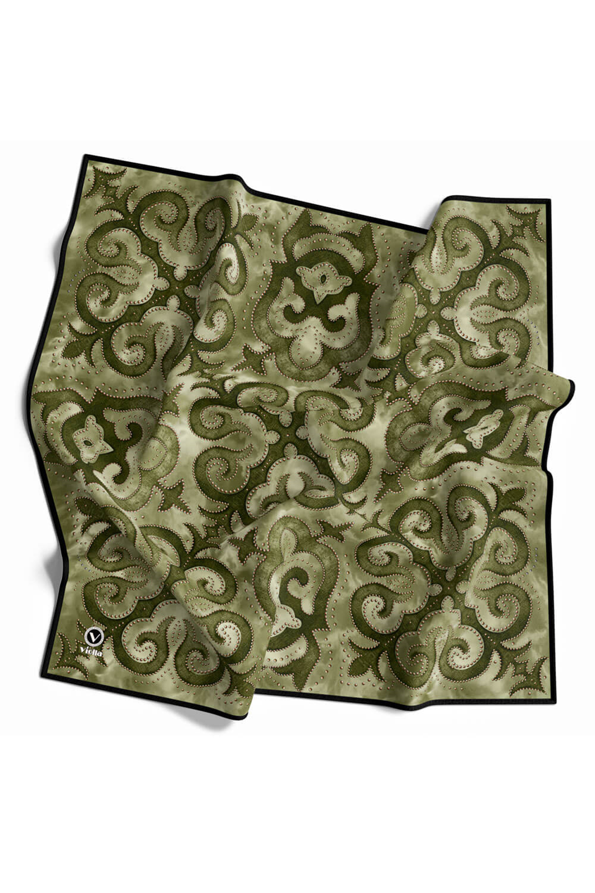 Twill Barok Desenli Haki Renkli 90x90 Eşarp (İpek İçermez) Kenar Dikiş Şekli El Dikişli