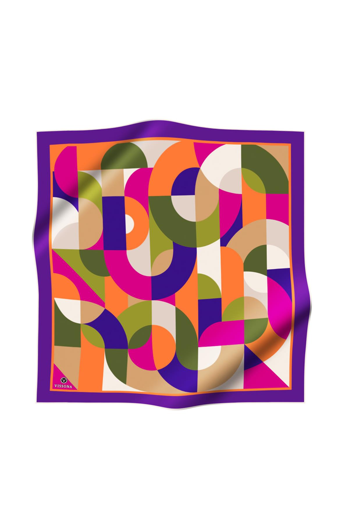 %100 Twill Renk Bloklu Çizgili Desenli Mor - Turuncu Renkli 90x90 Eşarp Dikim Şekli: El Dikişii