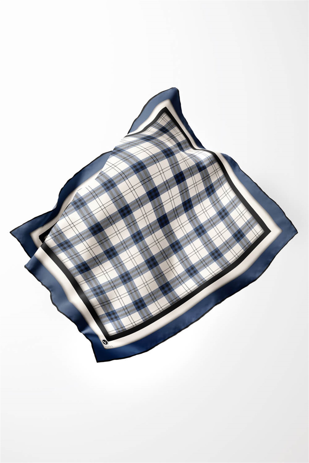 Twill Ekose Desenli İndigo Renkli 90x90 Eşarp (İpek İçermez) Kenar Dikiş Şekli El Dikişli