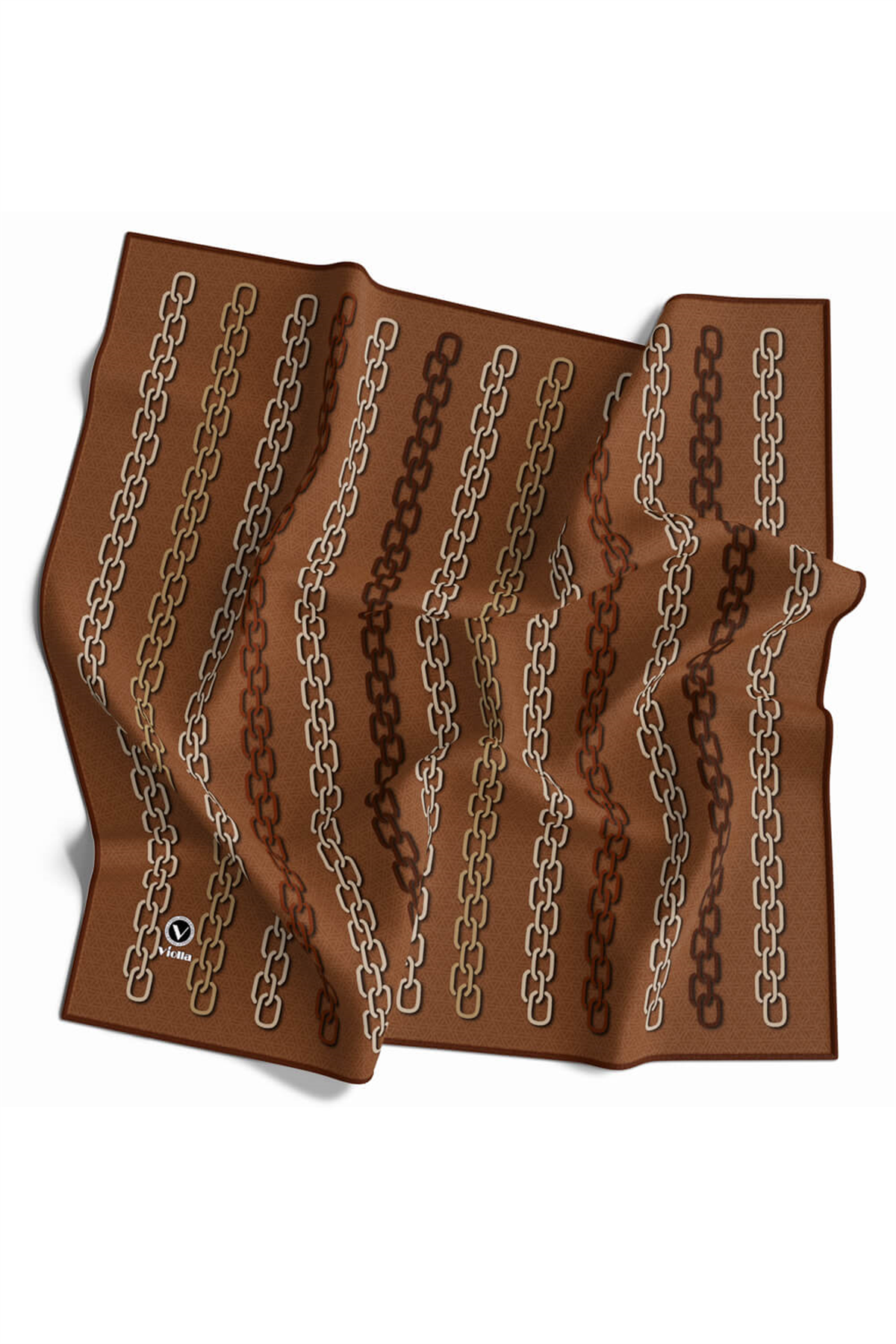 Twill Zincir Desenli Taba Renkli 90x90 Eşarp (İpek İçermez) Kenar Dikiş Şekli El Dikişli