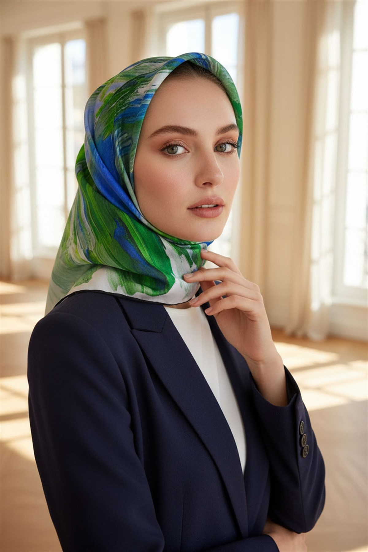 %100 Twill İpek Fırça Darbesi Desenli Saks - Zümrüt Yeşili Renkli 90x90 Eşarp Dikim Şekli : El Dikişi