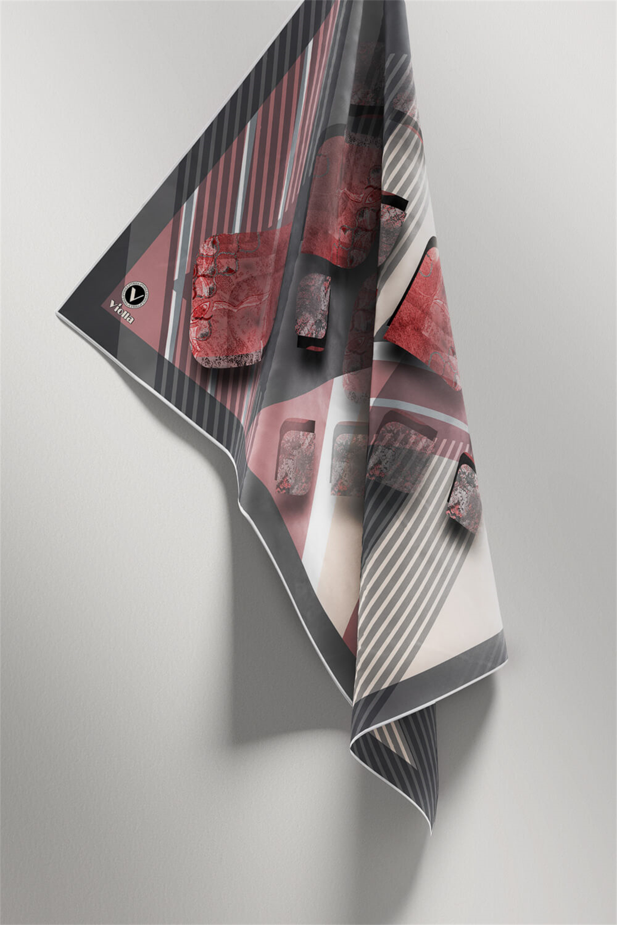 Twill Çizgili ve Geometrik Desenli Pudra Renkli 90x90 Eşarp (İpek İçermez) Kenar Dikiş Şekli El Dikişli