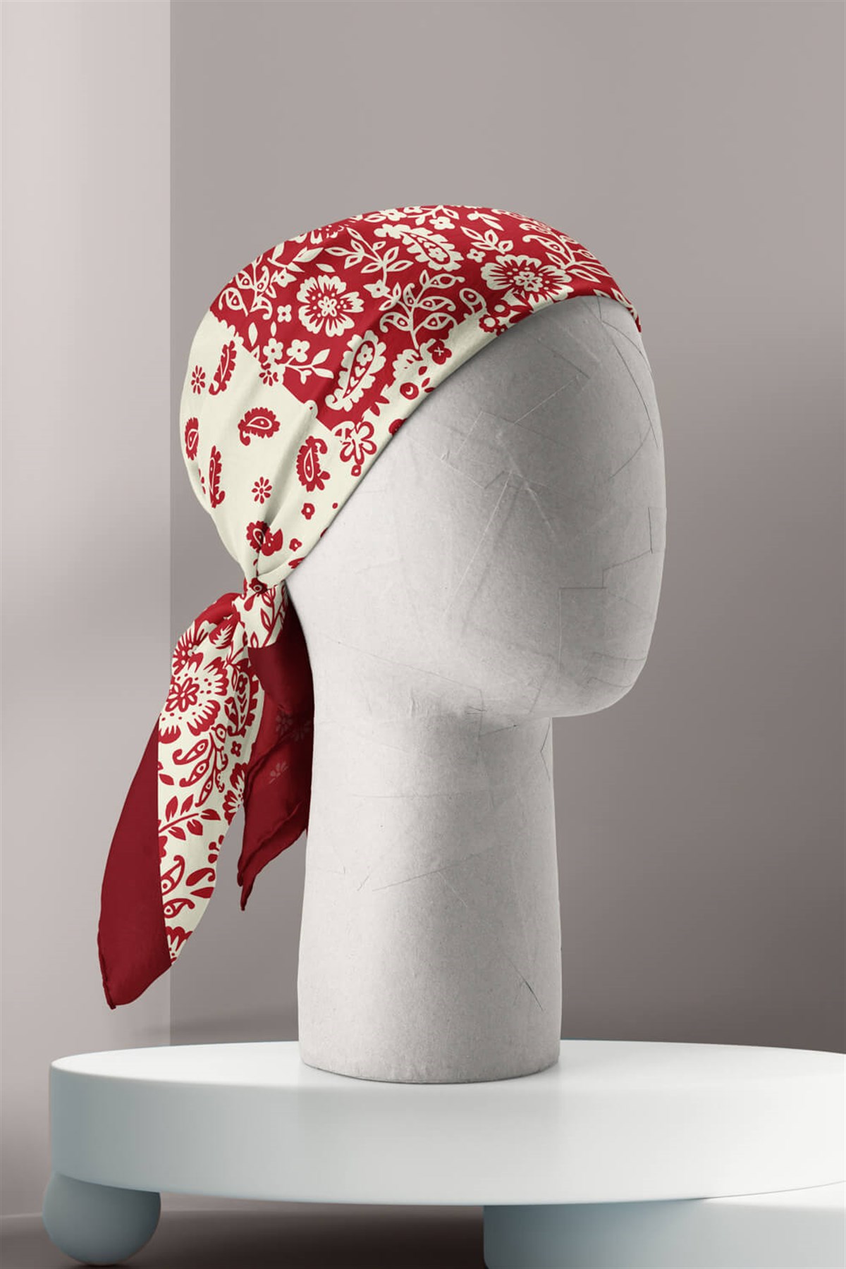 Violla A46 Kadın Çiçek Desenli Bandana 50x50 Kırmızı Beyaz DG0425-22