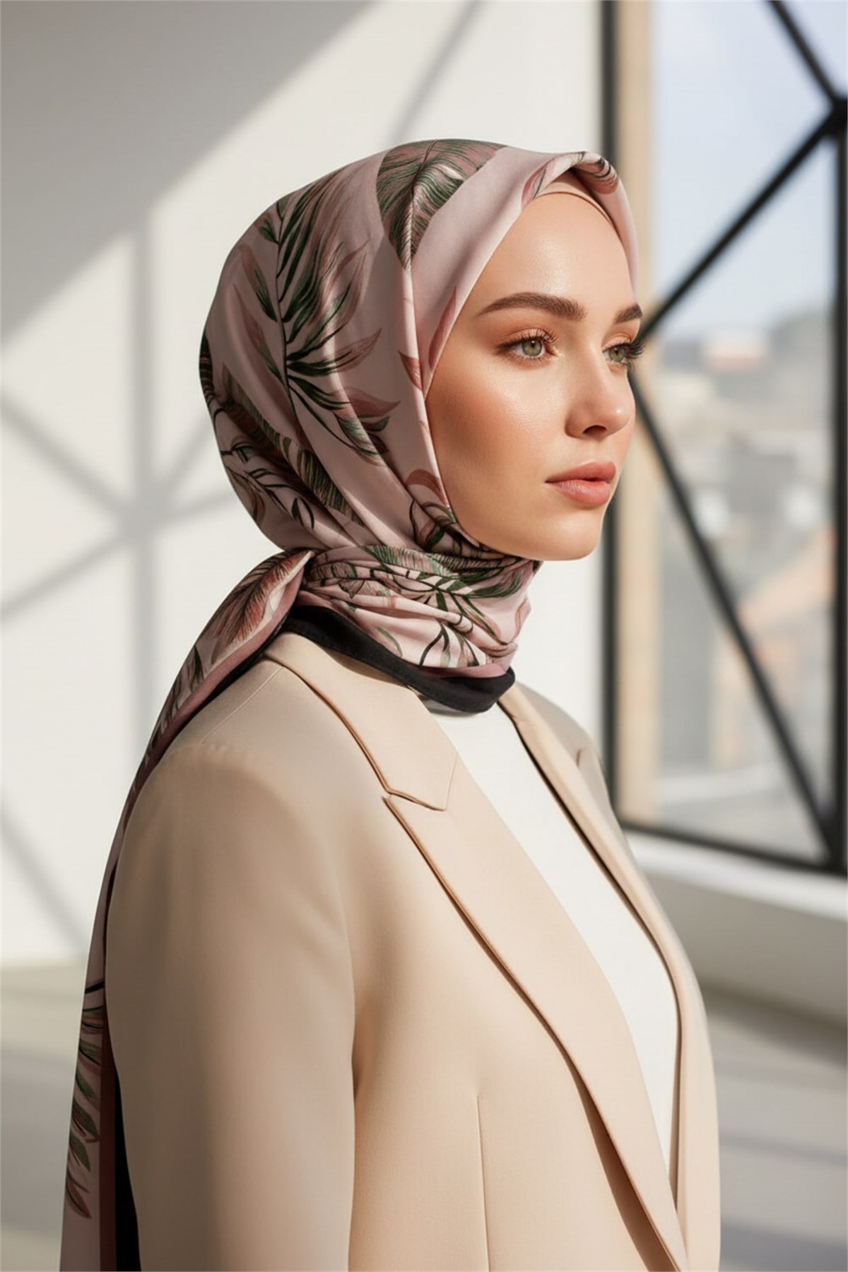 KREP YAPRAK DESENLİ PUDRA - ZÜMRÜT YEŞİLİ RENKLİ 75X195 KIRIŞMAZ ŞAL