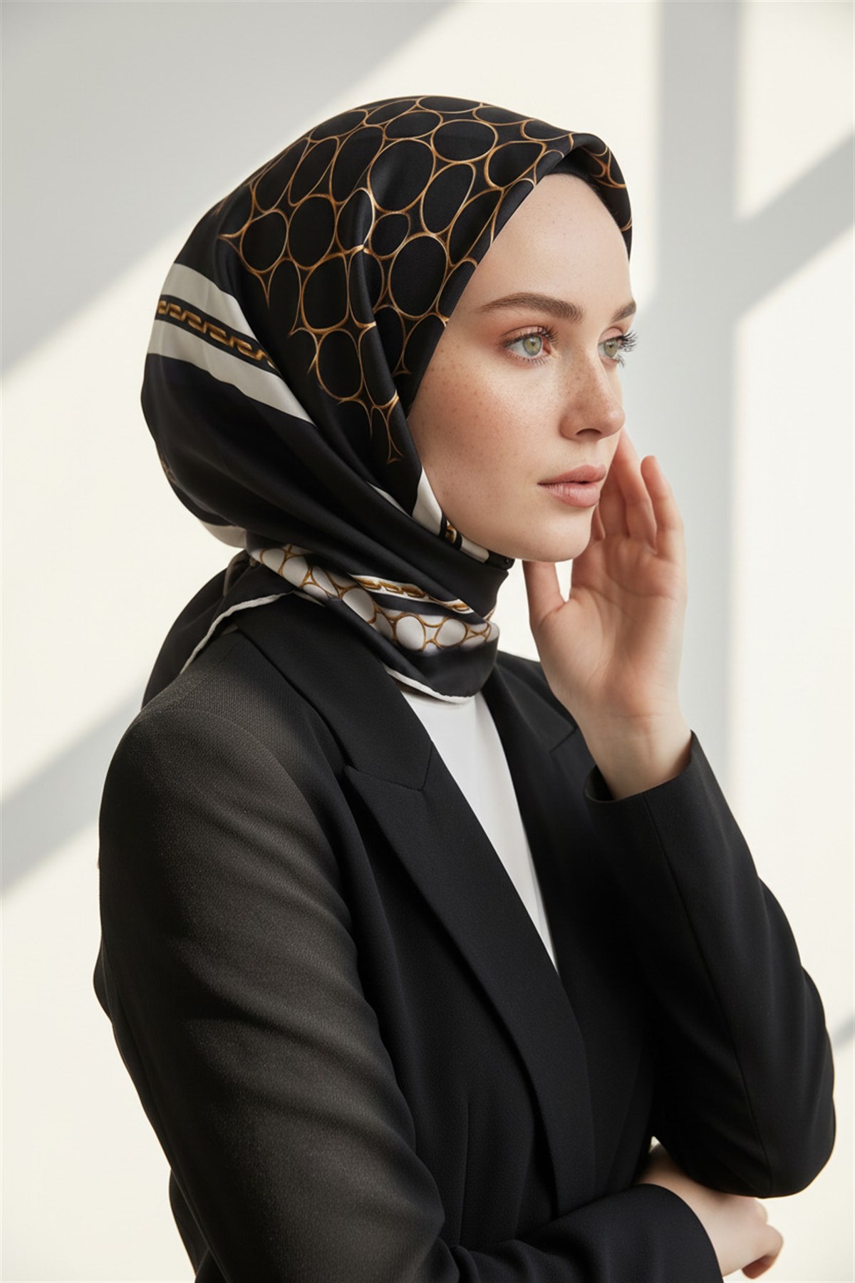 %100 Twill İpek Gold Halka Desenli Siyah - Krem Renkli 90x90 Eşarp Dikim Şekli : El Dikişi