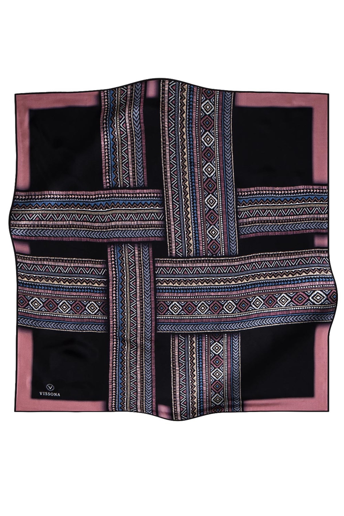 %100 Twill İpek Etnik Desenli Gül Kurusu - Siyah Renkli 90x90 Eşarp Dikim Şekli : El Dikişi