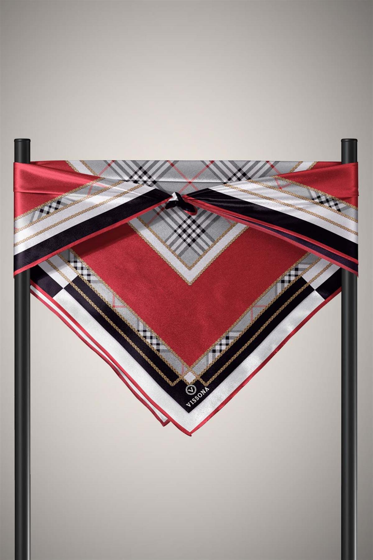 %100 Twill İpek Ekose Desenli Bordo Renkli 90x90 Eşarp Dikim Şekli : El Dikişi