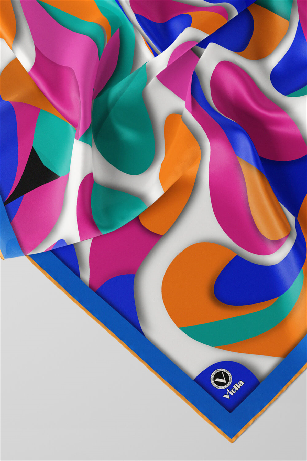 Twill Soyut Geometrik Desenli Saks - Turuncu Renkli 90x90 Eşarp (İpek İçermez) Dikim Şekli : El Dikişi