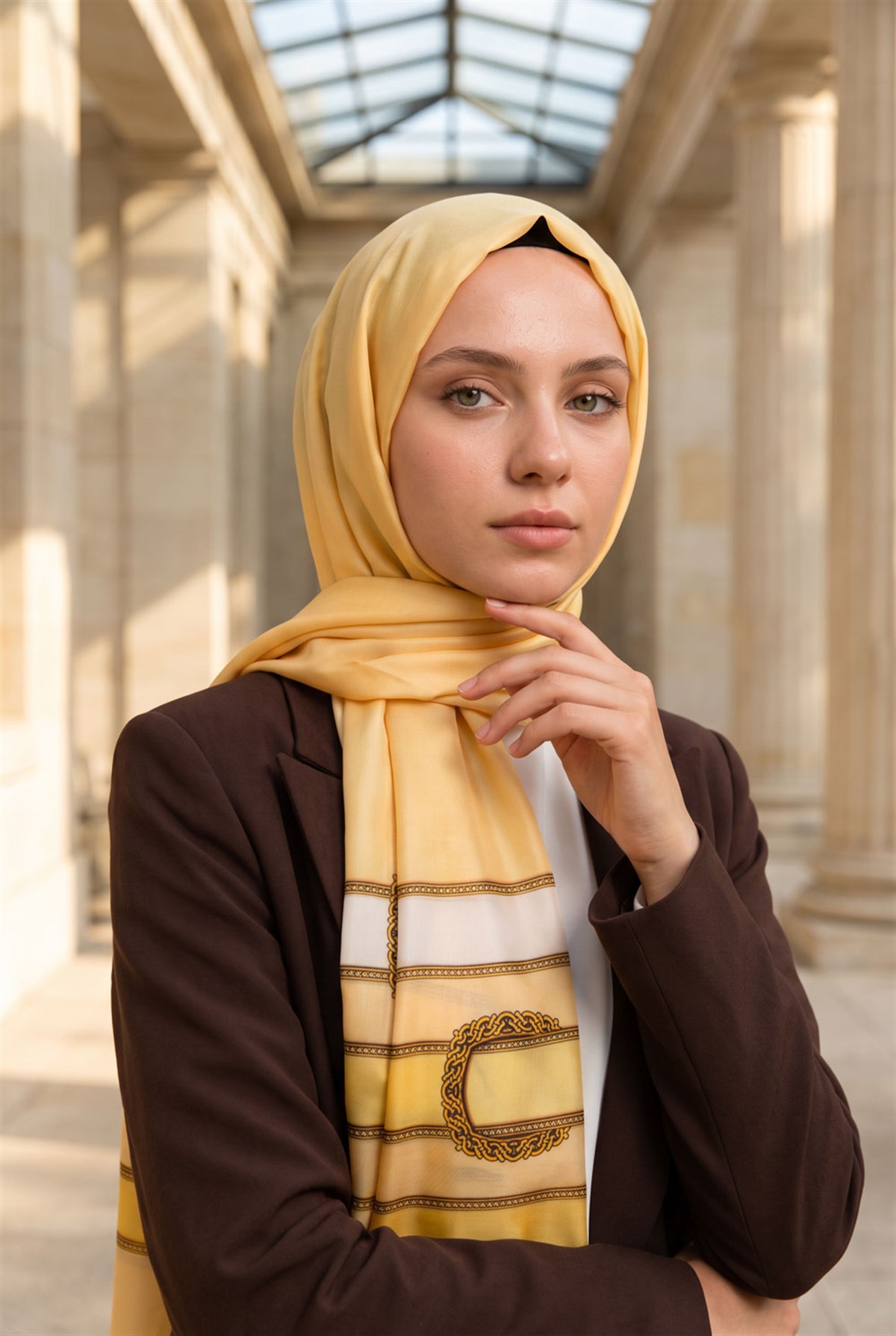 %100 Saf İpek Şal İnce Saten Vual Dokuma Kemer Desenli 90x210 Şal