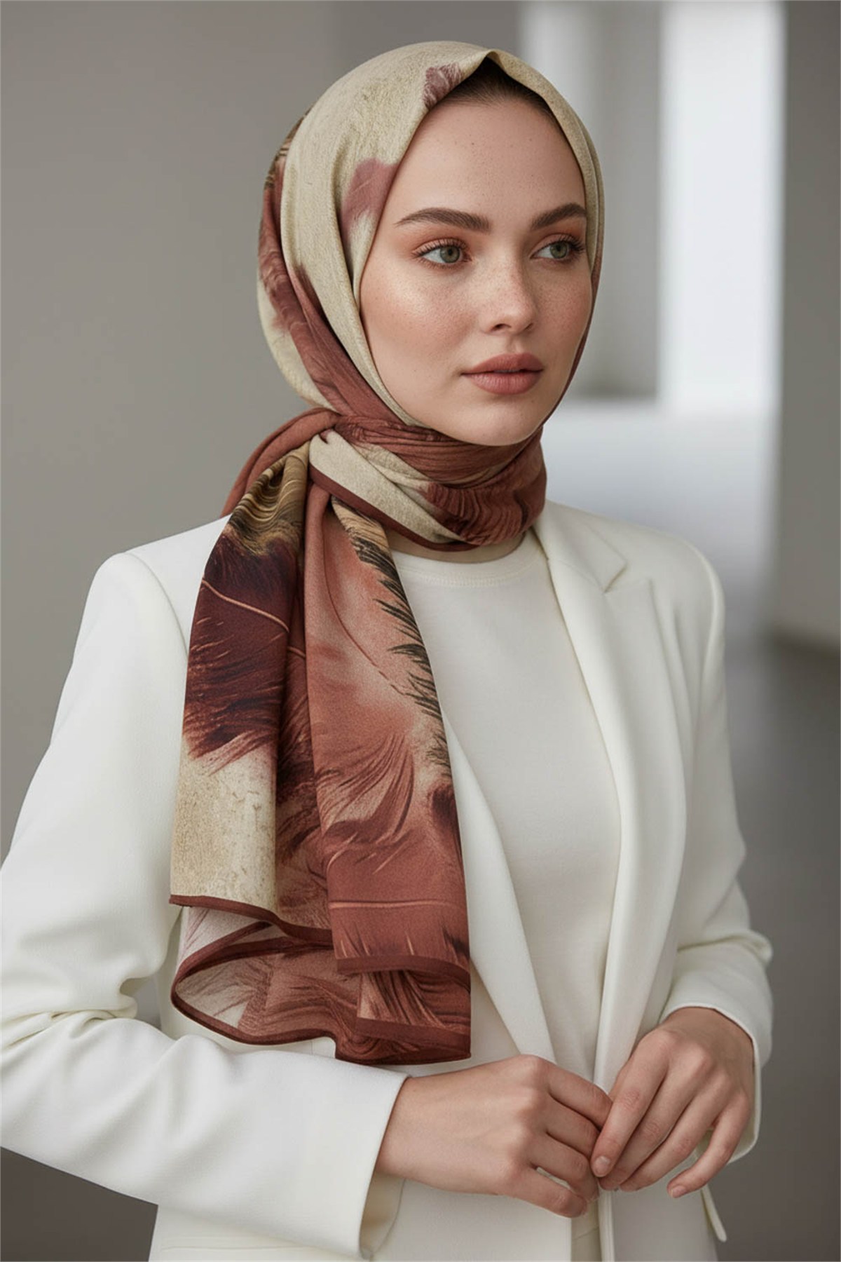 KREP YAPRAK DESENLİ PUDRA RENKLİ 75X195 KIRIŞMAZ ŞAL