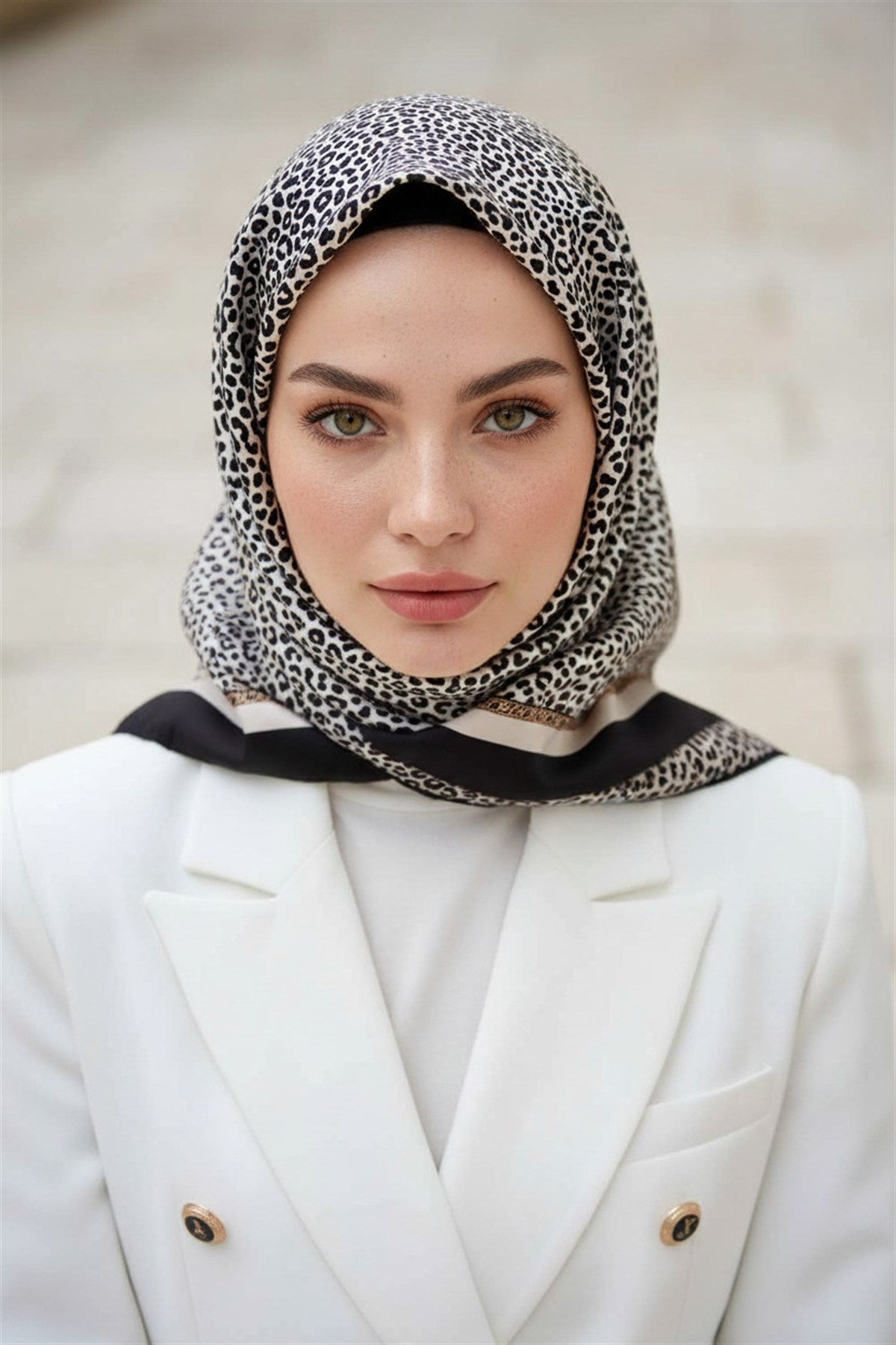 %100 Twill İpek Leopar Desenli Krem - Siyah Renkli 90x90 Eşarp Dikim Şekli : El Dikişi
