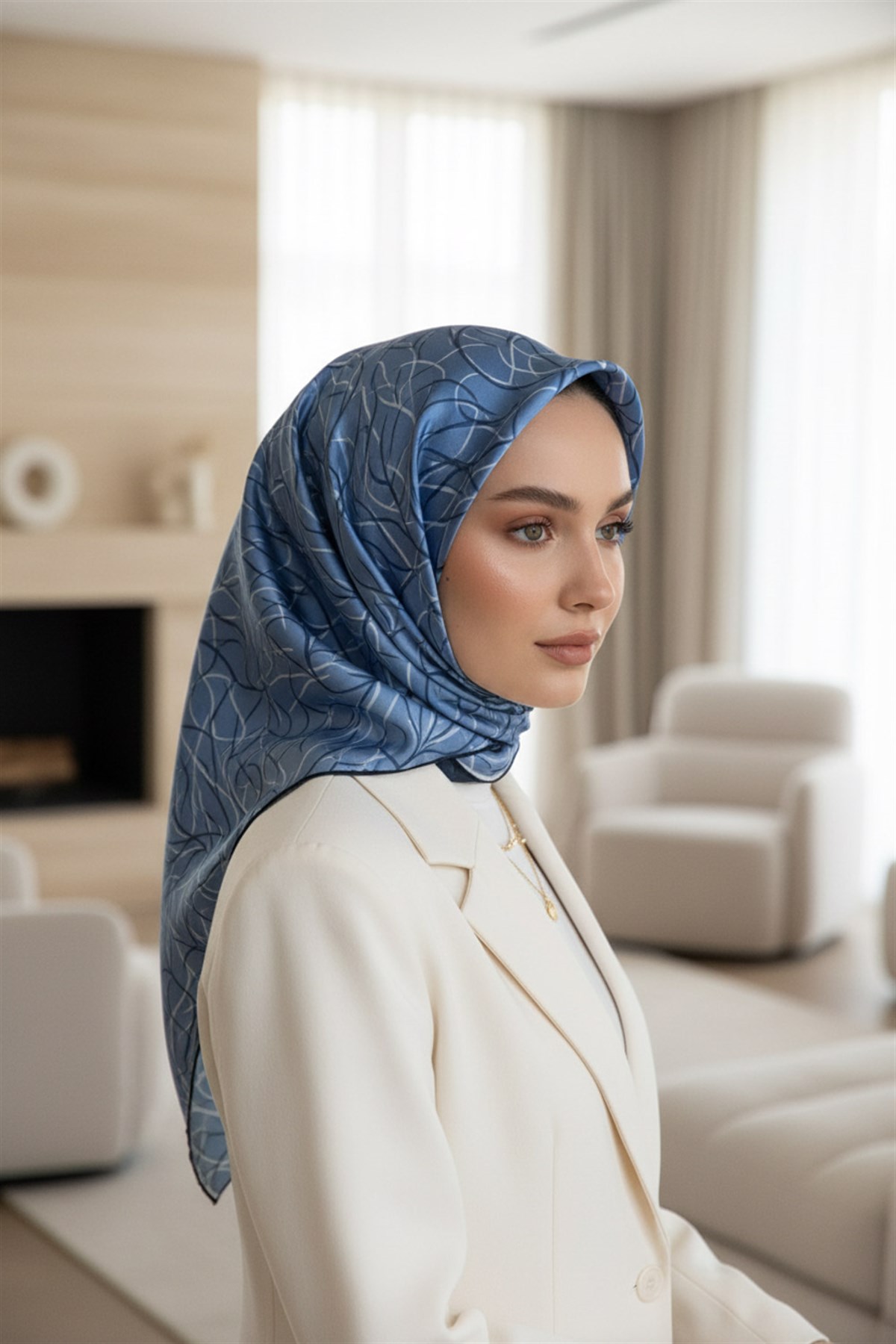 %100 Twill İpek Degrade Desenli Lacivert Renkli 90x90 Eşarp Dikim Şekli : El Dikişi