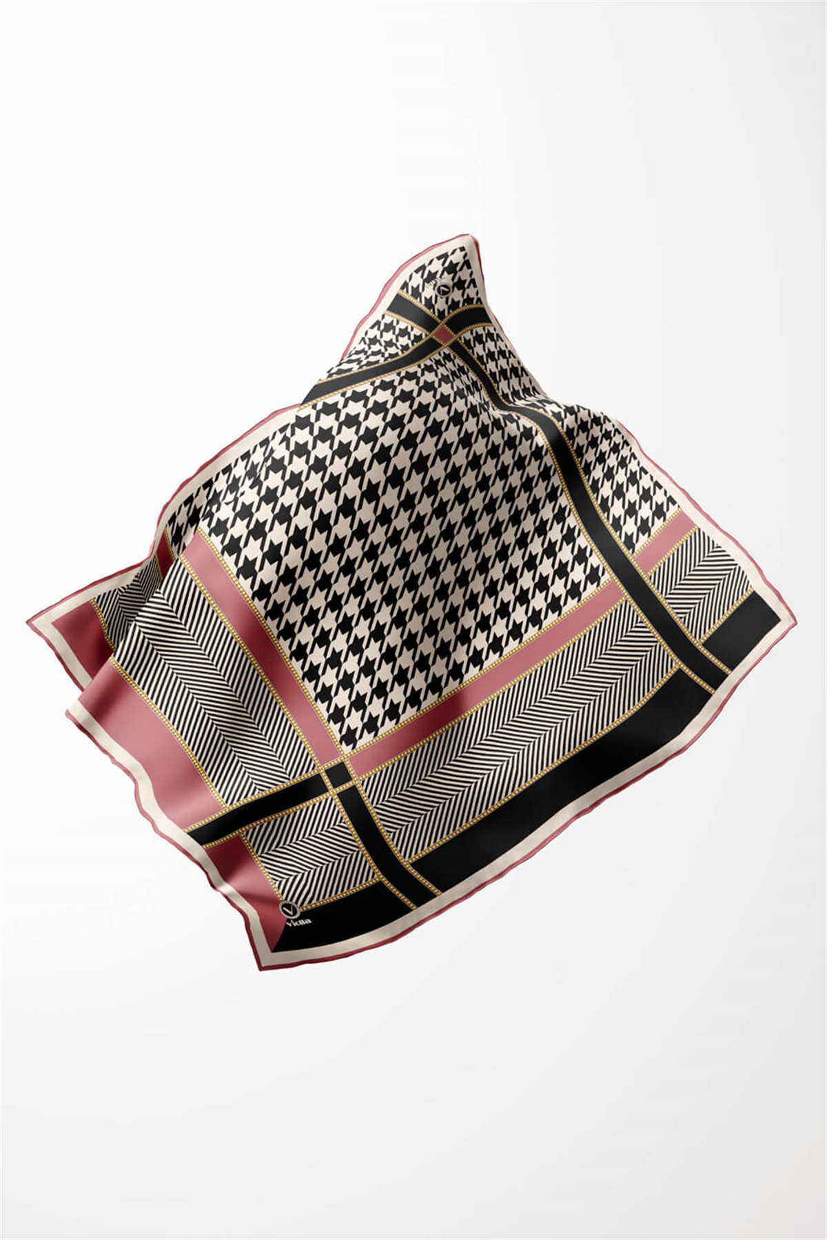 Twill Kazayağı Desenli Pudra Renkli 90x90 Eşarp (İpek İçermez) Kenar Dikiş Şekli El Dikişli
