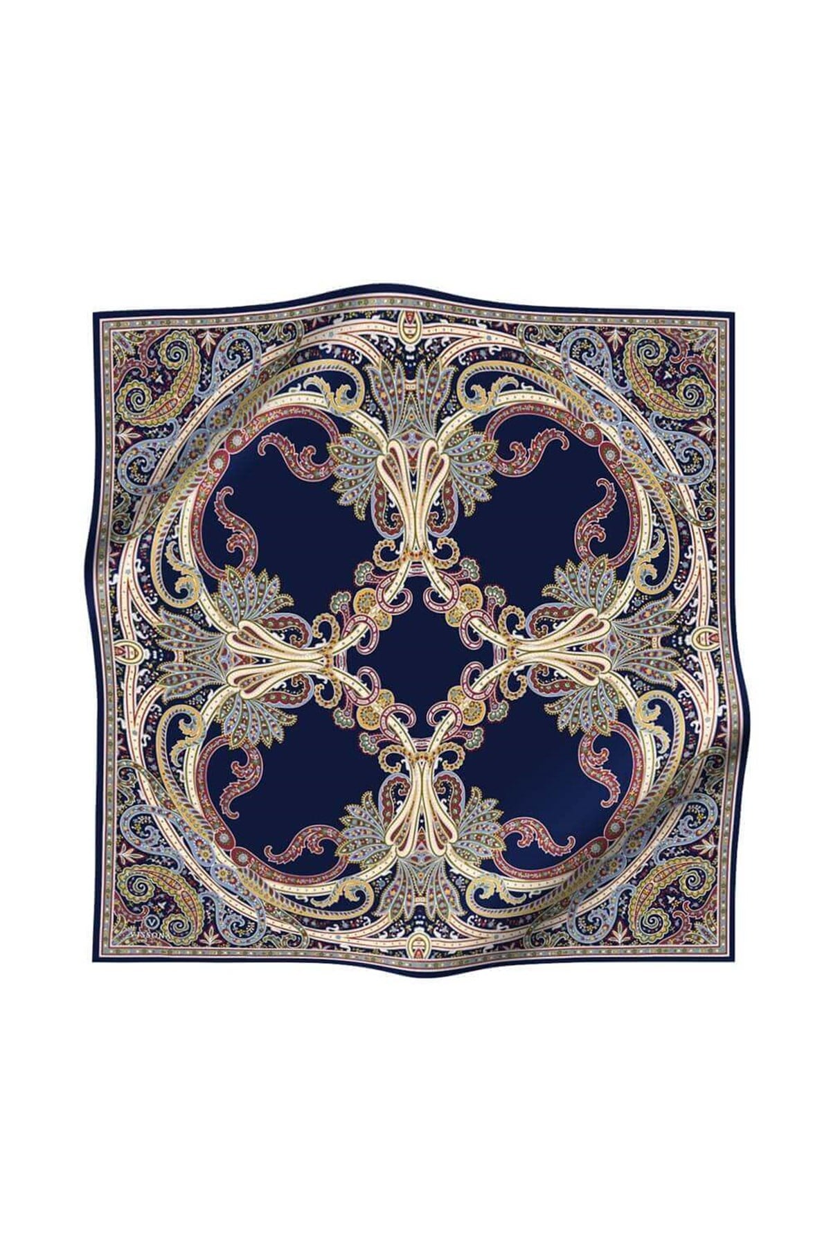 %100 Twill İpek Şal Desenli Lacivert Renkli 90x90 Eşarp Dikim Şekli : El Dikişi