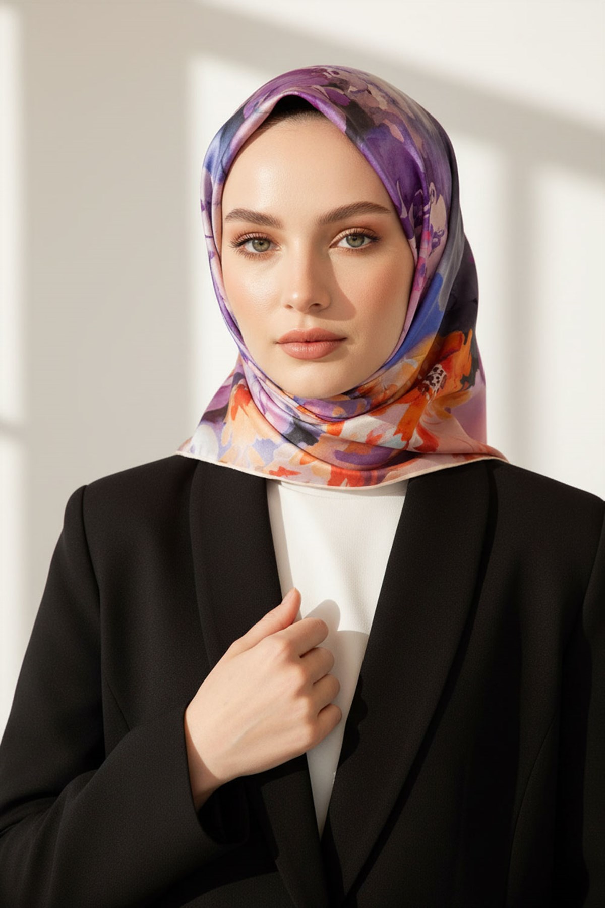 %100 Twill İpek Çiçek  Desenli Krem - Turuncu Renkli 90x90 Eşarp Dikim Şekli : El Dikişi