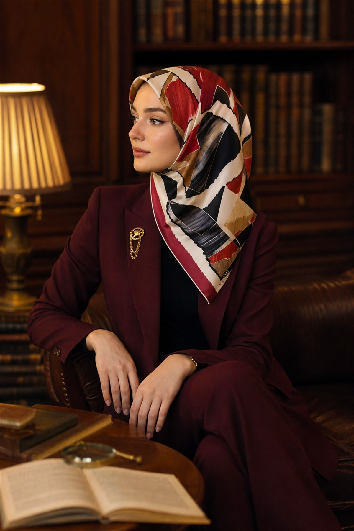 %100 Twill İpek Geometrik Desenli Bordo - Bej Renkli 90x90 Eşarp Dikim Şekli : El Dikişi