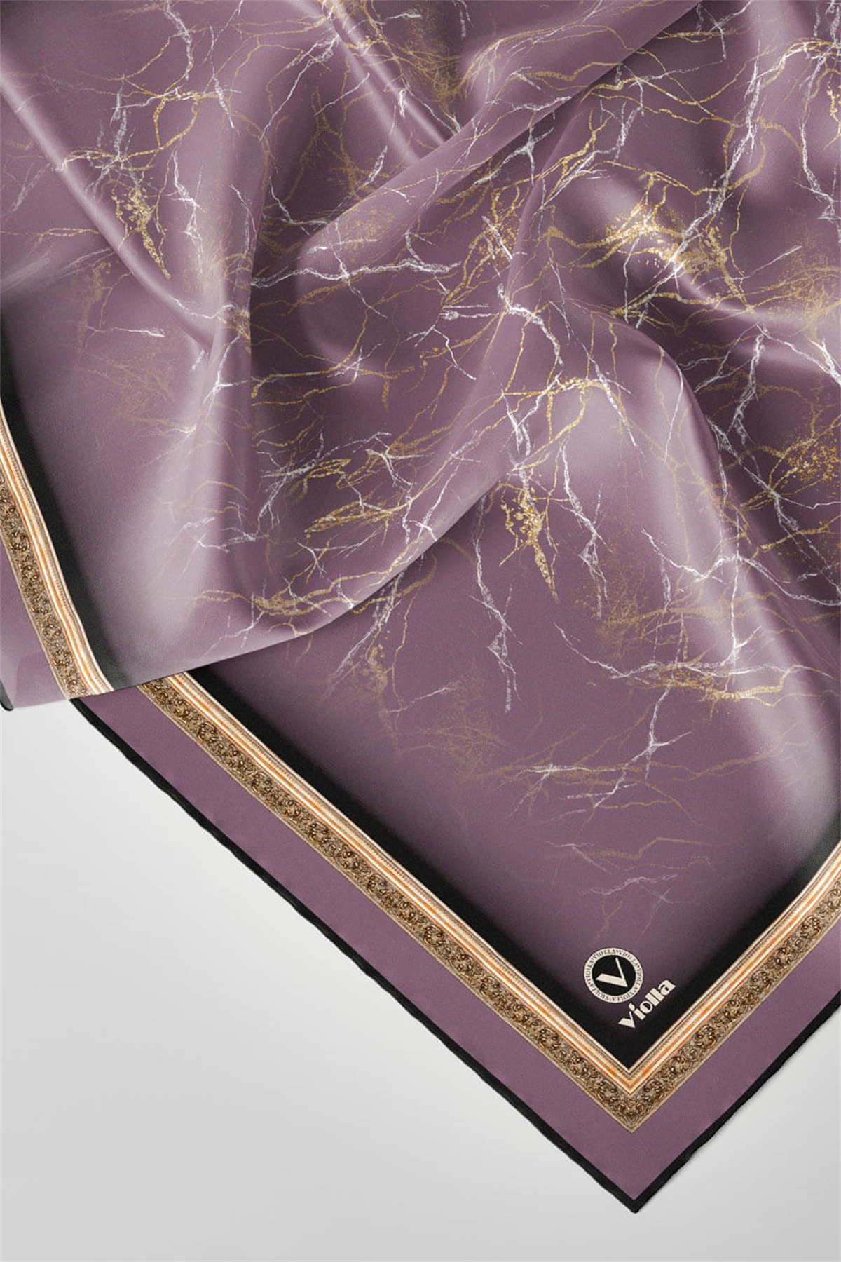 Twill Barok Çerçeveli Mermer Desenli Lila Renkli 90x90 Eşarp (İpek İçermez) Kenar Dikiş Şekli El Dikişli