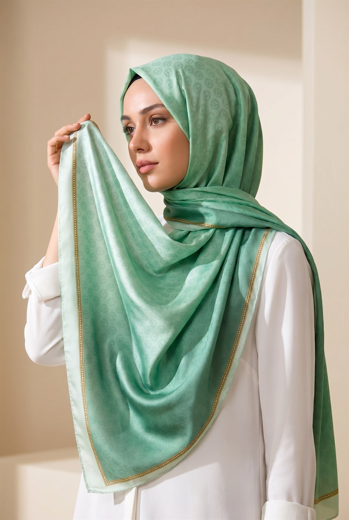 %100 Saf İpek Şal İnce Saten Vual Dokuma Degradeli Ve Monogram Desenli Mint Yeşili - Gold Renkli 90x210 Şal
