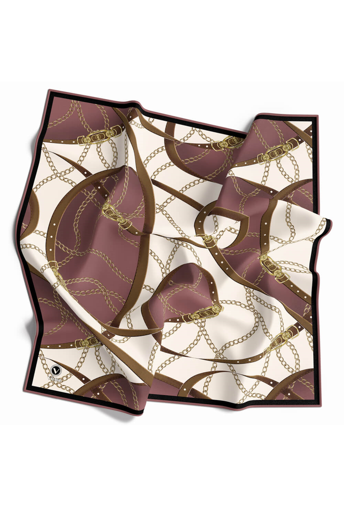 Twill Kemer ve Zincir Desenli Gül Kurusu Renkli 90x90 Eşarp (İpek İçermez) Kenar Dikiş Şekli El Dikişli