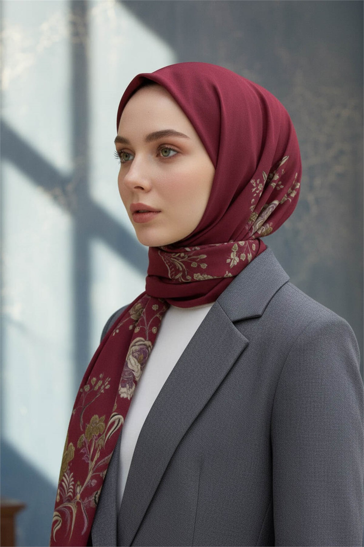 KREP NAKIŞ ÇİÇEK DESENLİ BORDO RENKLİ 75X195 KIRIŞMAZ ŞAL