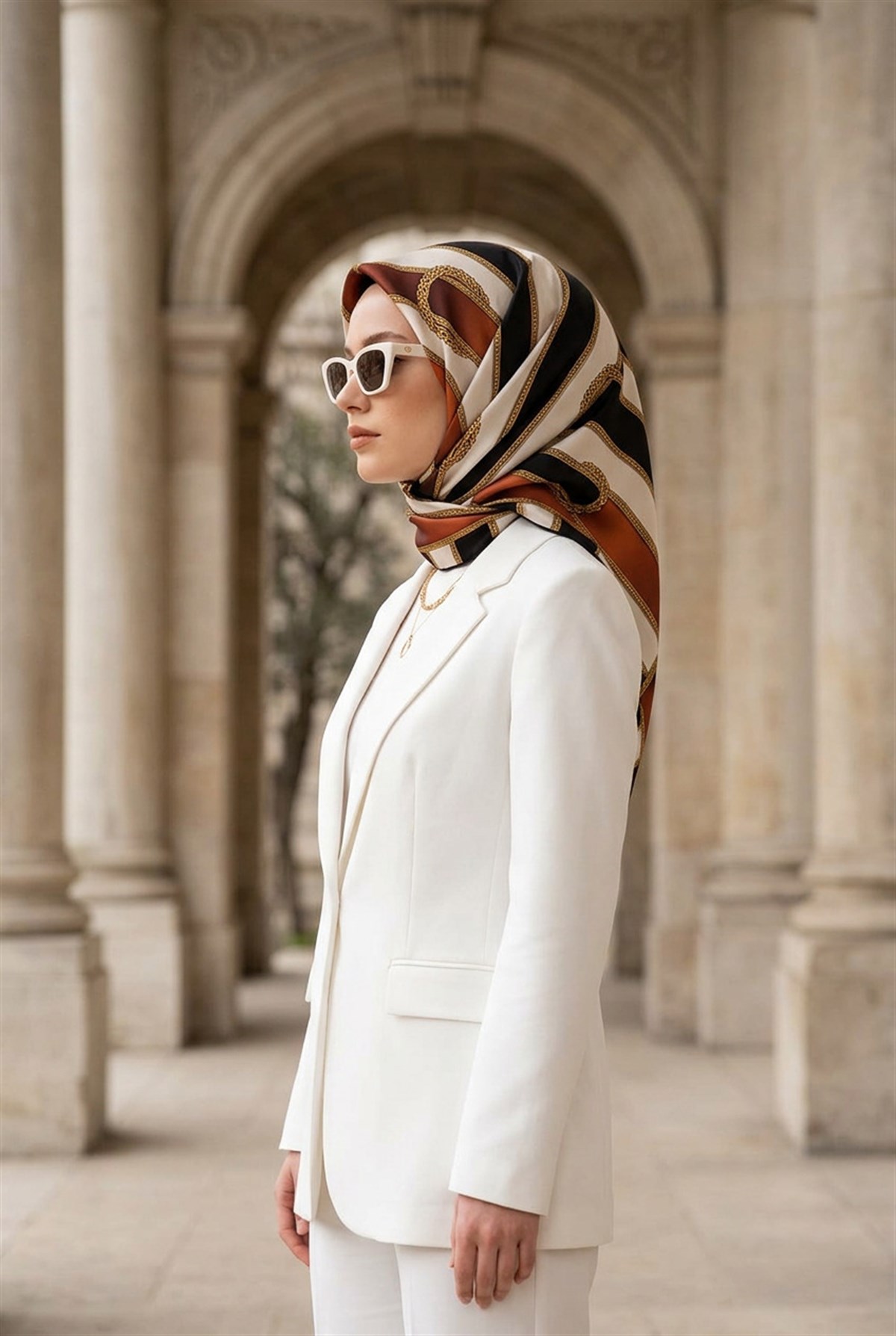 %100 Twill İpek Kemer Desenli Siyah - Taba Renkli 90x90 Eşarp Dikim Şekli : El Dikişi