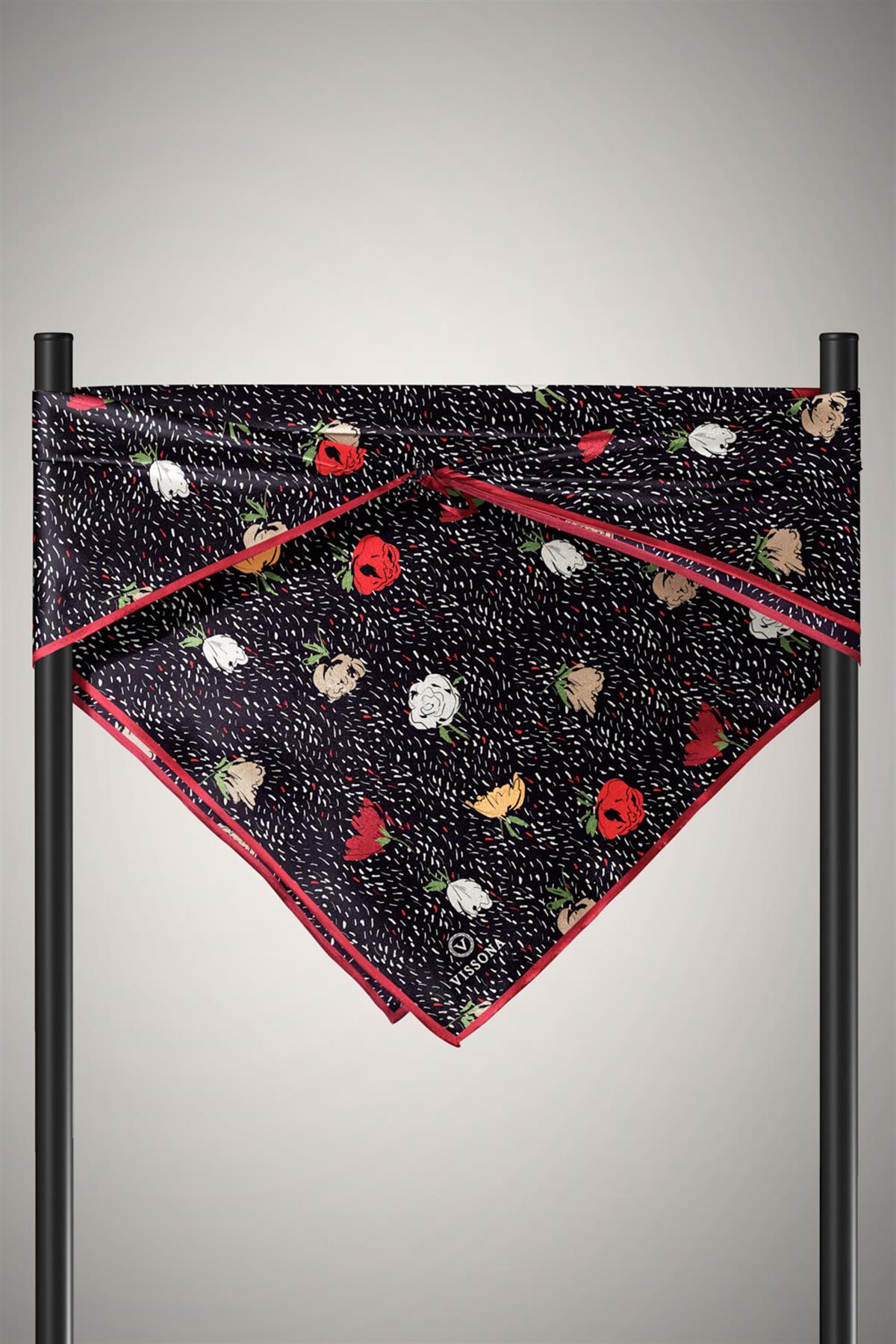 %100 Twill İpek Çıtır Çiçek Desenli Kırmızı - Bordo Renkli 90x90 Eşarp Dikim Şekli : El Dikişi