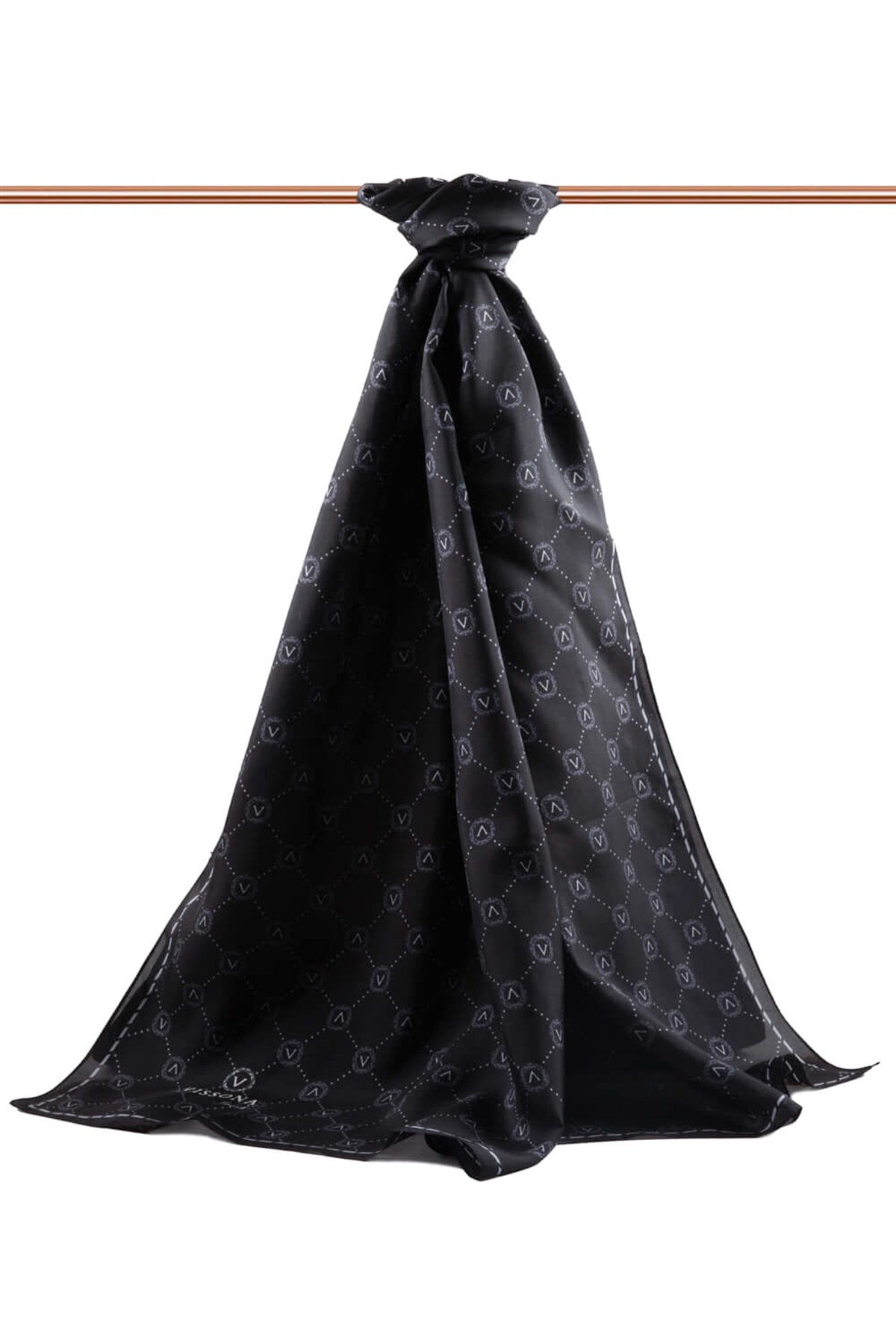 % 100 İpek V Logo Desenli Siyah - Gri Renkli 90x210 Şal