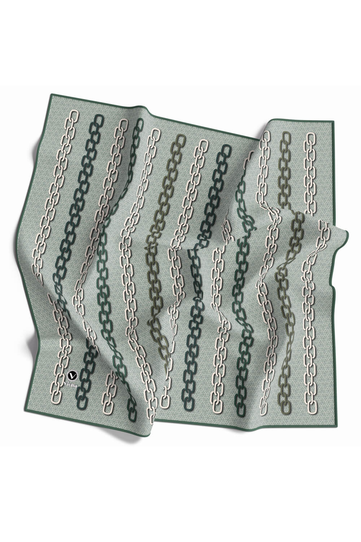 Twill Zincir Desenli Koyu Mint Yeşili Renkli 90x90 Eşarp (İpek İçermez) Kenar Dikiş Şekli El Dikişli