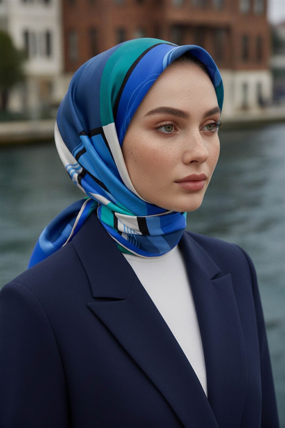 %100 Twill İpek Geometrik Desenli Saks - Mint Yeşili Renkli 90x90 Eşarp Dikim Şekli : El Dikişi
