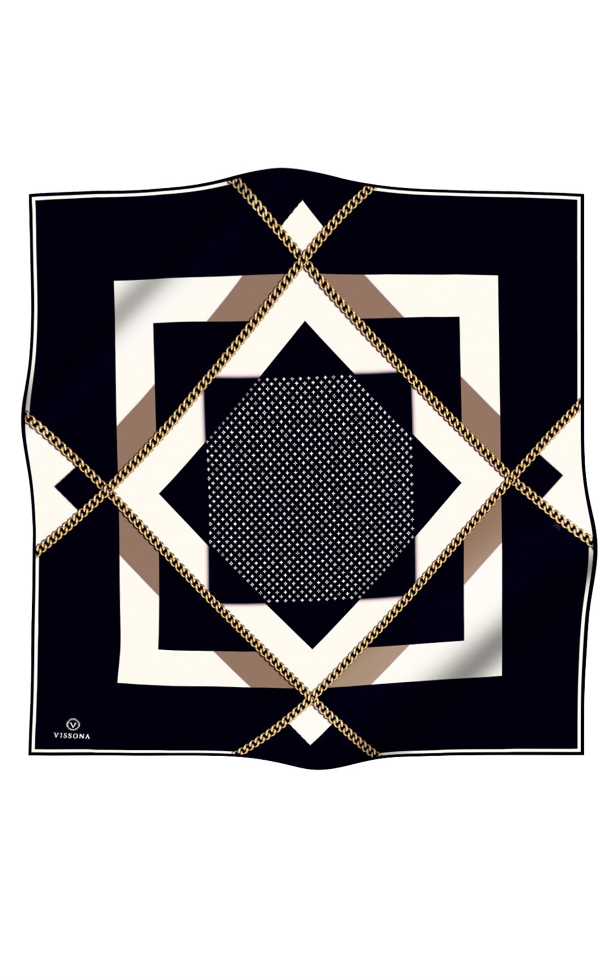 %100 Twill İpek Geometrik Desenli Siyah - Krem Renkli 90x90 Eşarp Dikim Şekli : El Dikişi