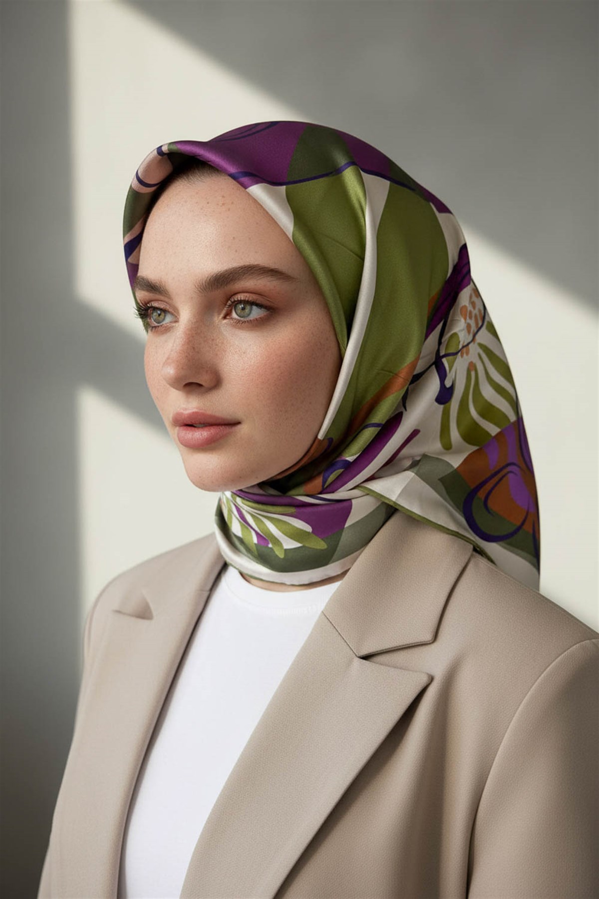%100 Twill İpek Çiçek Desenli Haki - Mürdüm Renkli 90x90 Eşarp Dikim Şekli : El Dikişi