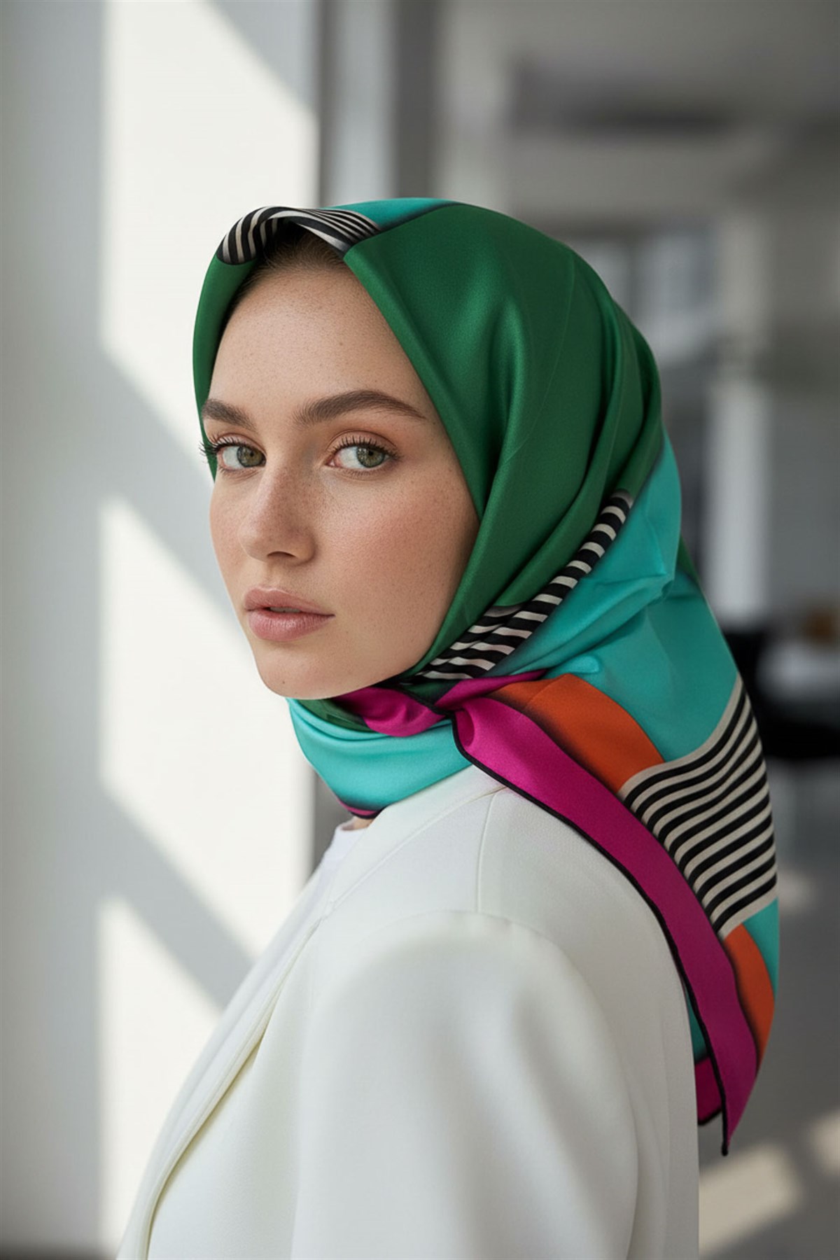 %100 Twill İpek Çizgili ve Geometrik Desenli Zümrüt Yeşili - Fuşya Renkli 90x90 Eşarp Dikim Şekli : El Dikişi