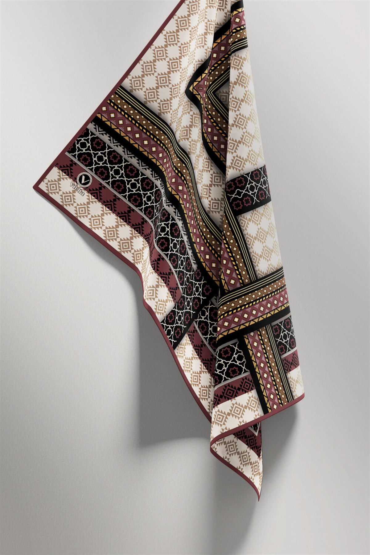 Twill Etnik Desenli Gül Kurusu Renkli 90x90 Eşarp (İpek İçermez) Kenar Dikiş Şekli El Dikişli