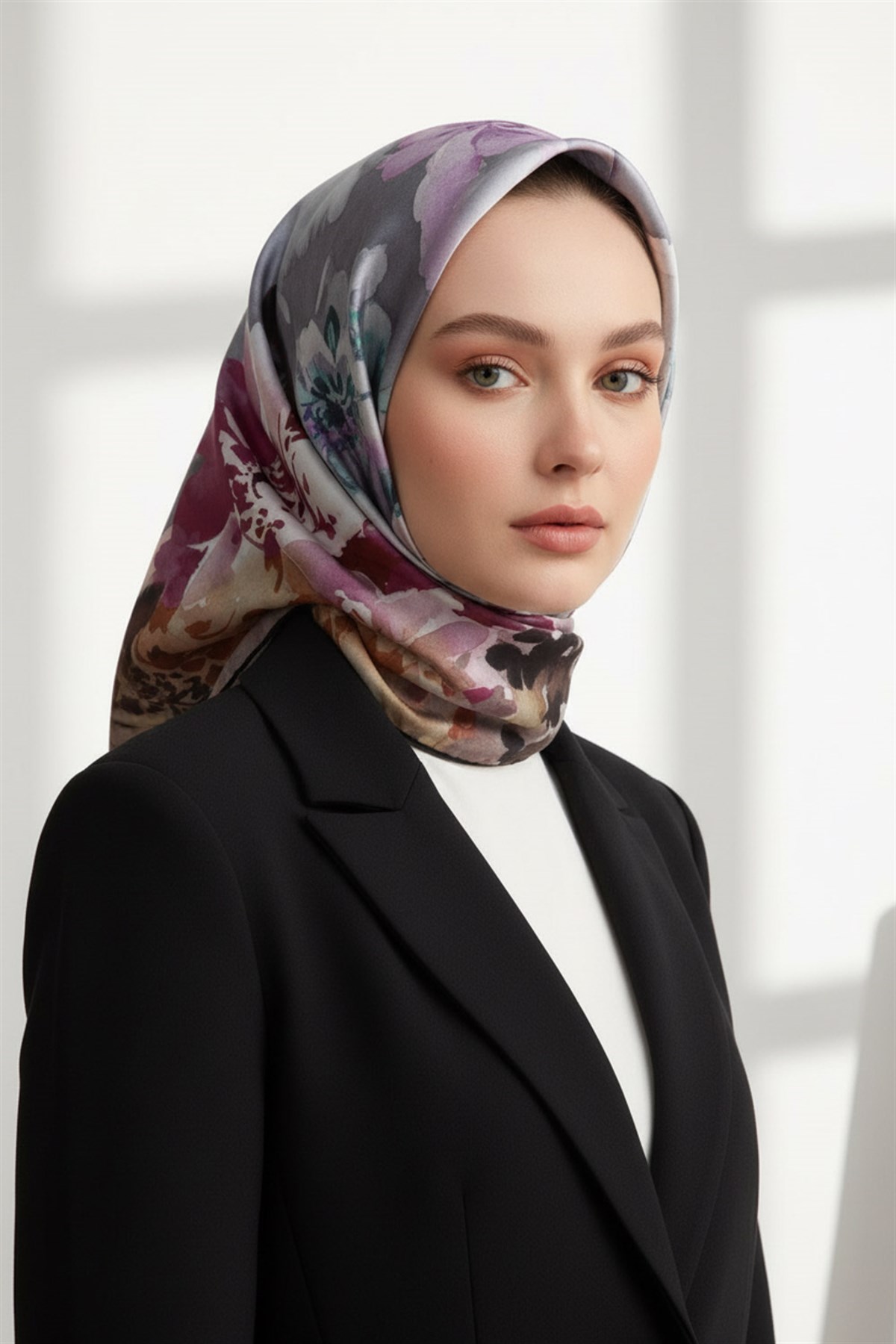 %100 Twill İpek Çiçek  Desenli Siyah - Mürdüm Renkli 90x90 Eşarp Dikim Şekli : El Dikişi