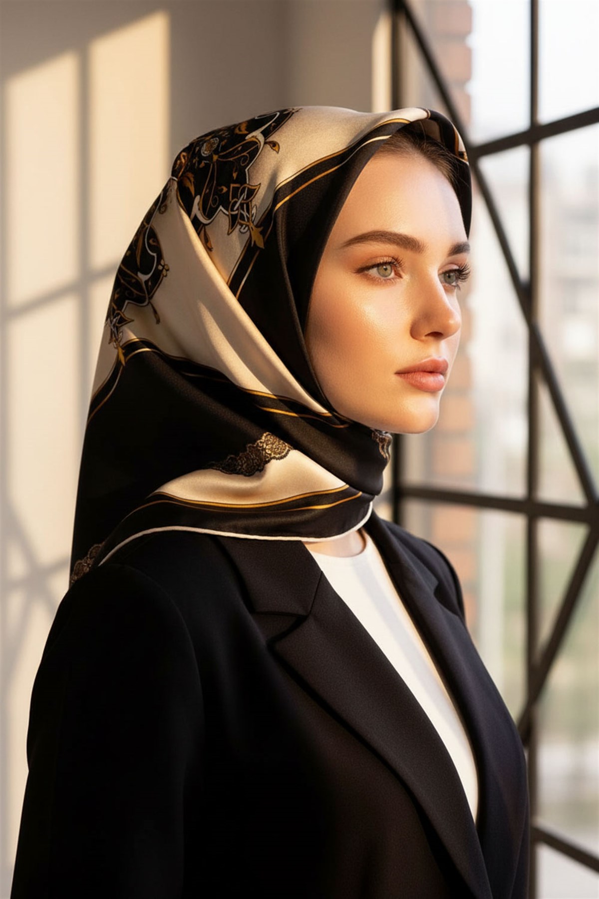 %100 Twill Barok Desenli Siyah - Krem Renkli 90x90 Eşarp Dikim Şekli: El Dikişi