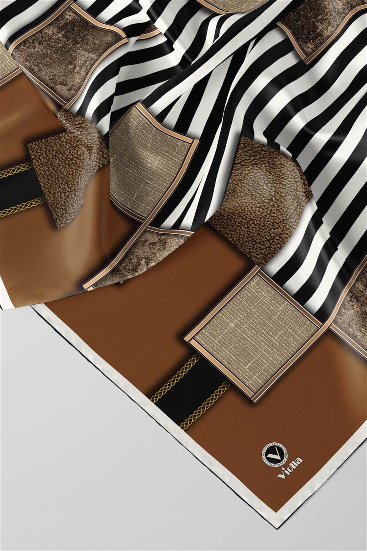 Twill Geometrik Ve Çizgili Desenli Taba Renkli 90x90 Eşarp (İpek İçermez) Dikim Şekli : El Dikişi