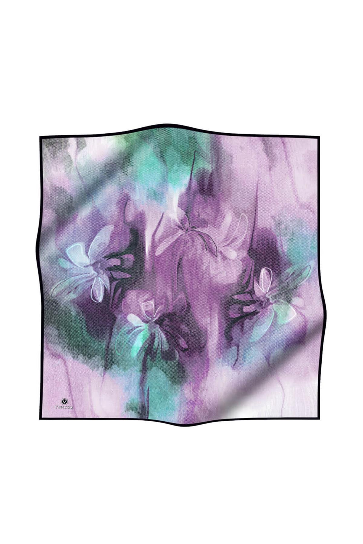 %100 Twill İpek Dokulu Ve Çiçek Desenli Lila - Su Yeşili Renkli 90x90 Eşarp Dikim Şekli : El Dikişi