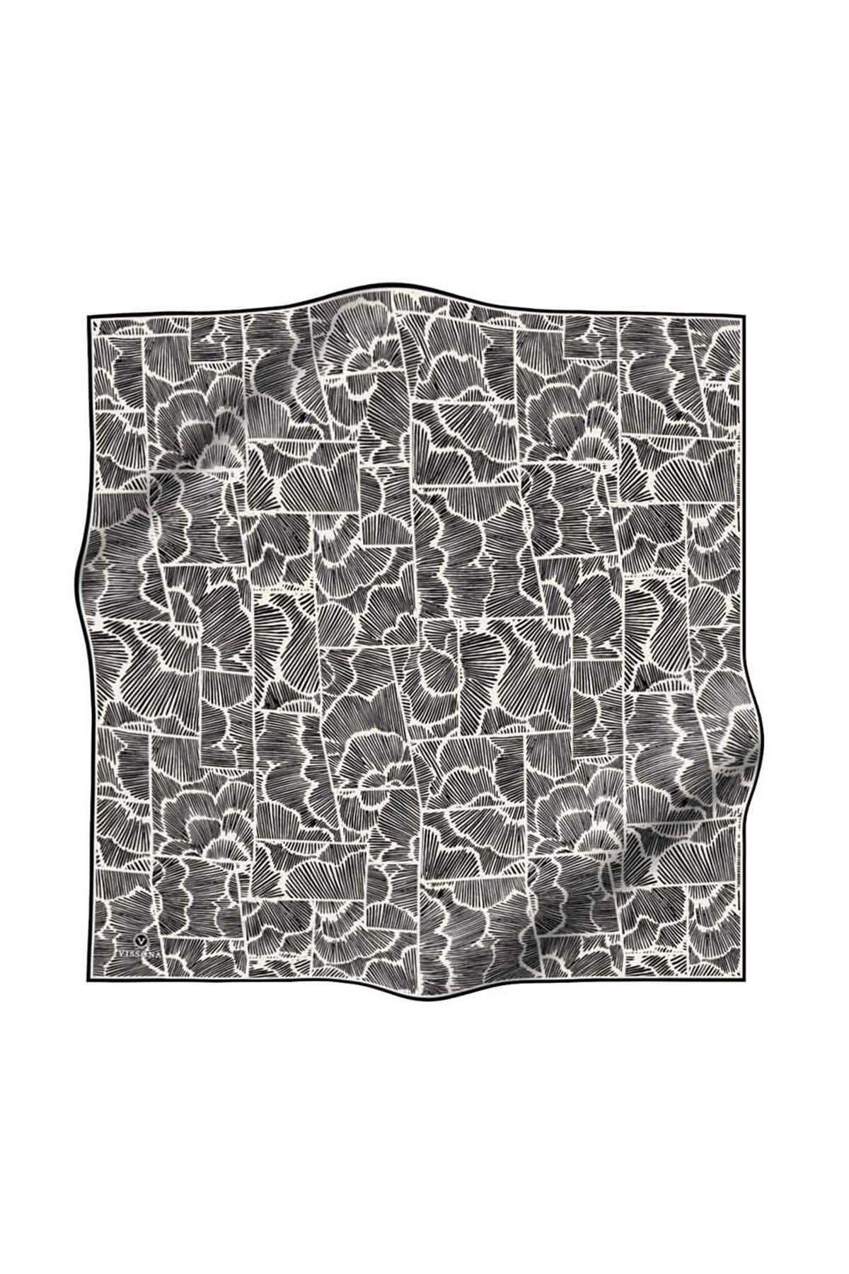 %100 Twill İpek Geometrik Desenli Siyah - Krem Renkli 90x90 Eşarp Dikim Şekli : El Dikişi