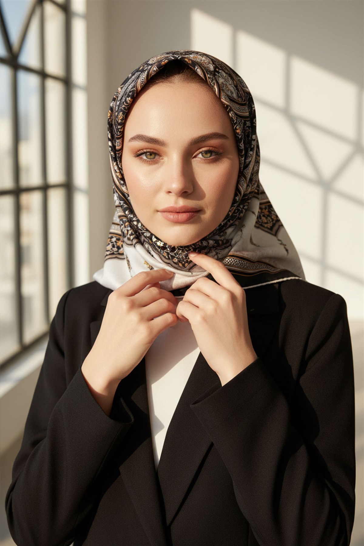 %100 Twill İpek Şal Desenli Siyah - Krem Renkli 90x90 Eşarp Dikim Şekli : El Dikişi