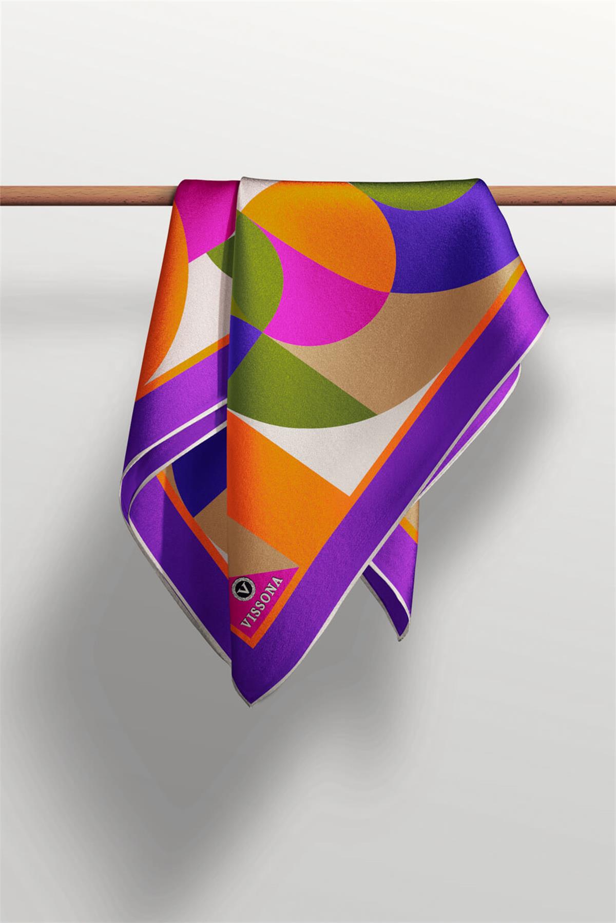 %100 Twill Renk Bloklu Çizgili Desenli Mor - Turuncu Renkli 90x90 Eşarp Dikim Şekli: El Dikişii