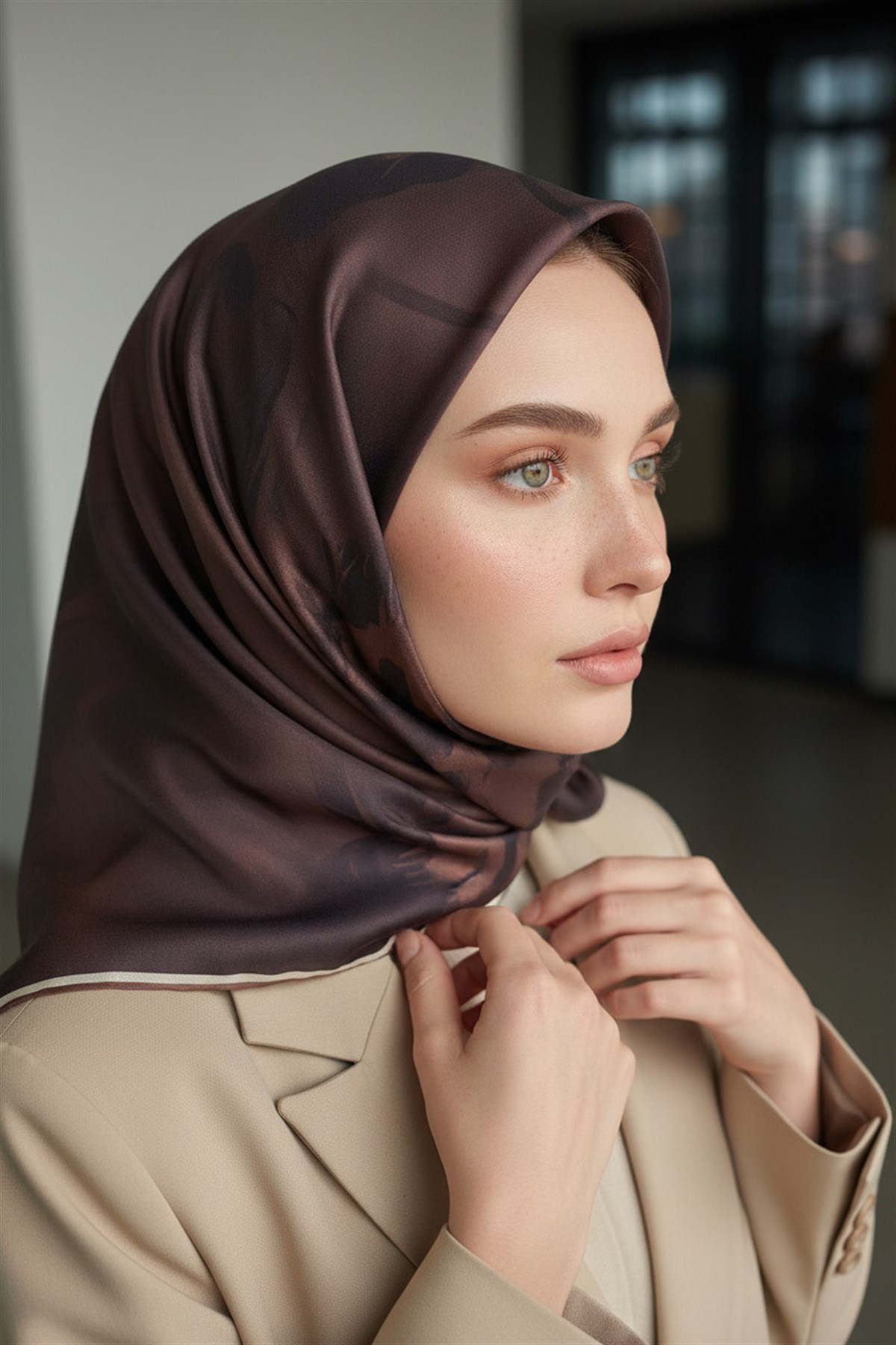 100% Twill İpek Çiçek Desenli Kahverengi Renkli 90x90 Dikim Şekli : El Dikişi Eşarp