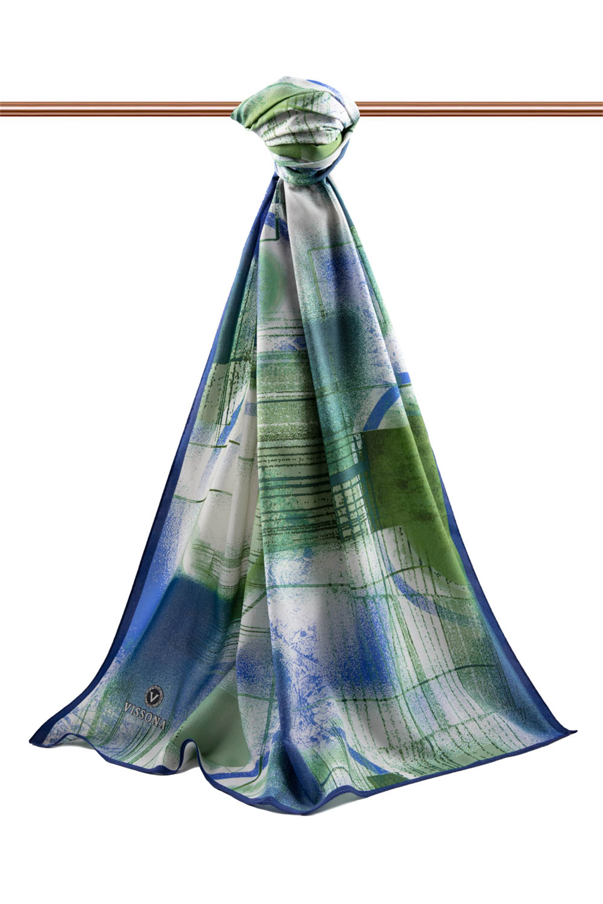 LÜKS MEDİNE İPEĞİ GEOMETRİK DESENLİ SAKS RENKLİ 75X195 KIRIŞMAZ ŞAL MOSS KREP DİKİŞ TİPİ İTALYAN DİKİŞLİ