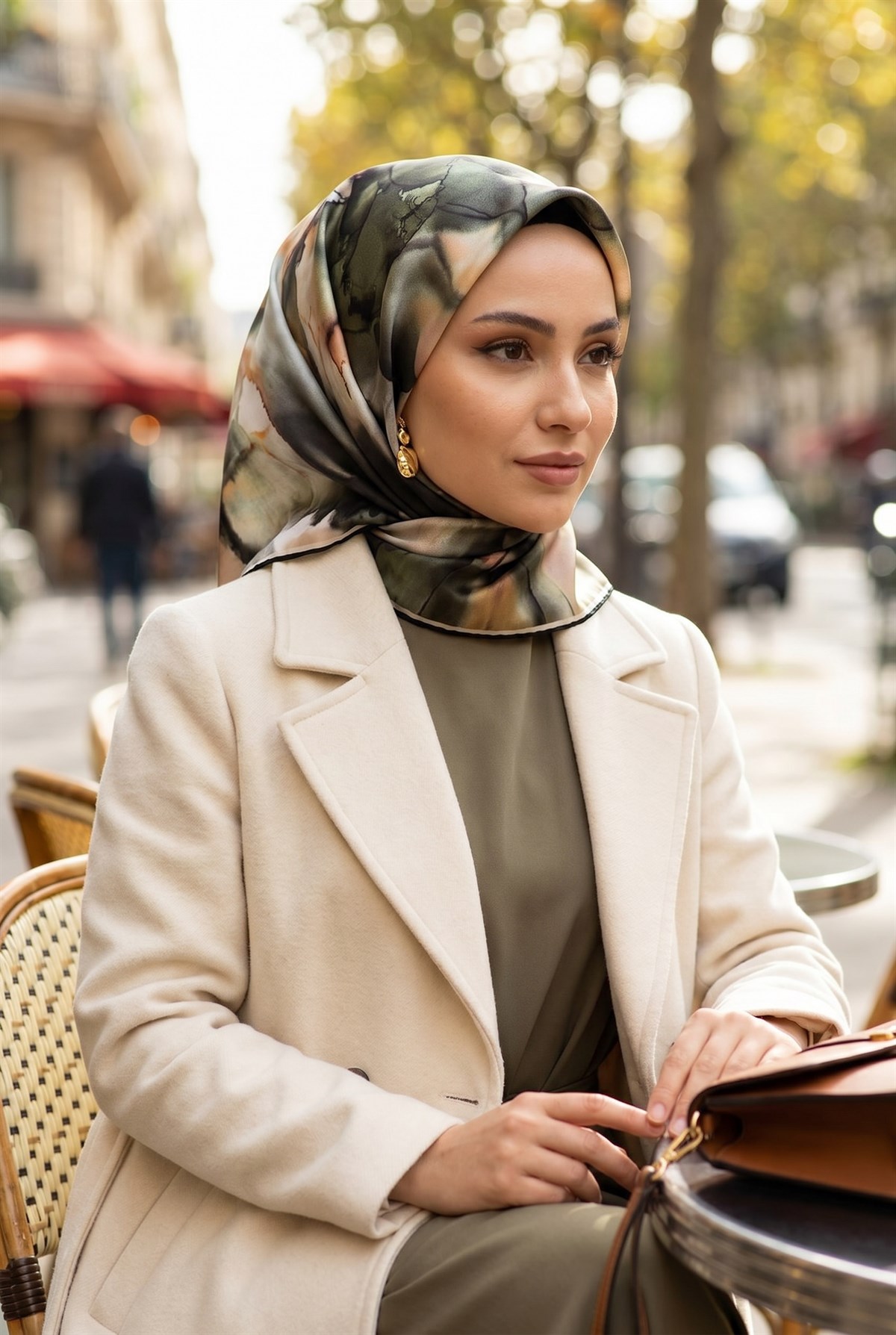 %100 Twill İpek Batik Çiçek Desenli Haki Yeşili - Vizon Renkli 90x90 Eşarp Kenar Dikiş Şekli El Dikişli