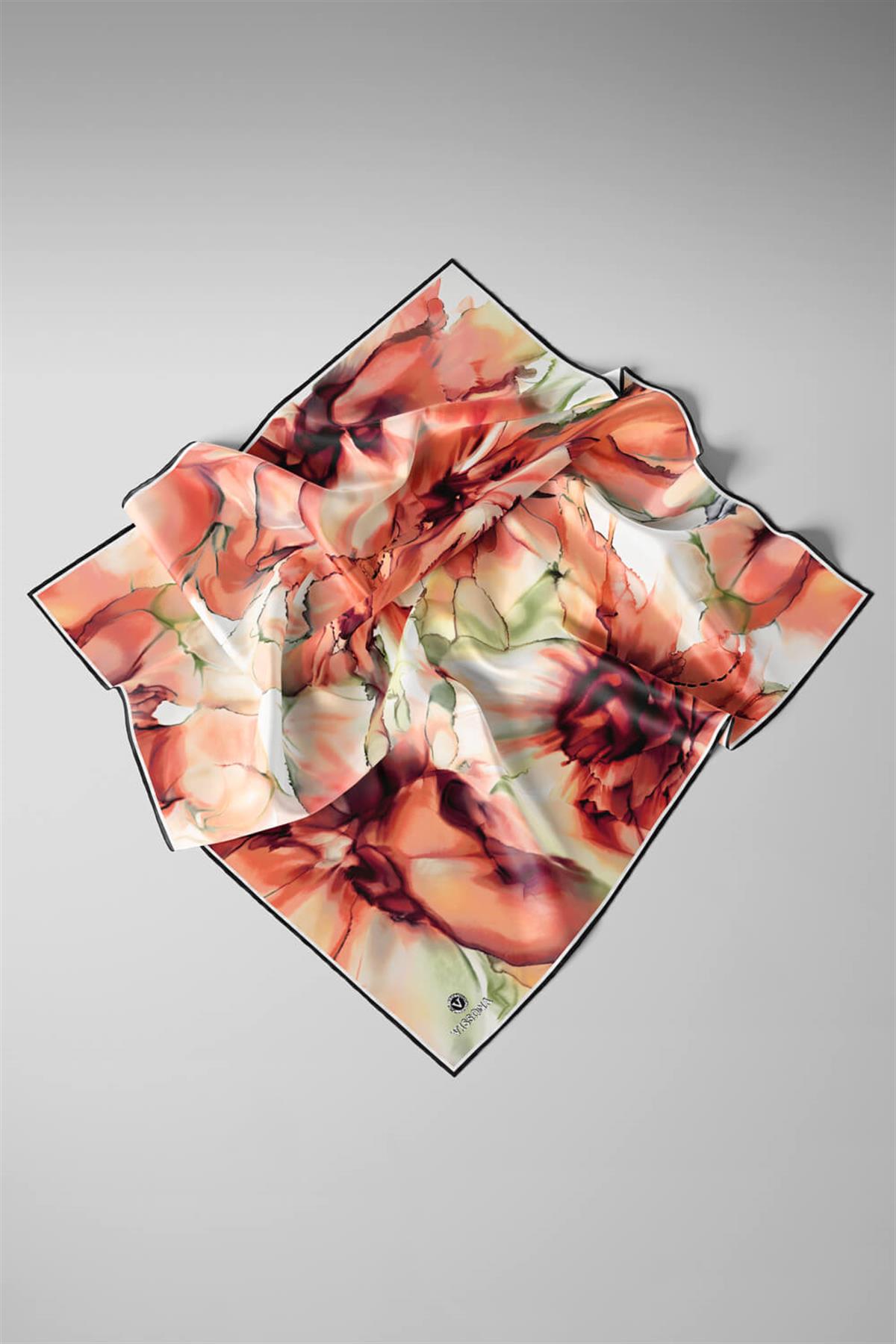 %100 Twill İpek Batik Çiçek Desenli Taba - Haki Yeşili Renkli 90x90 Eşarp Kenar Dikiş Şekli El Dikişli