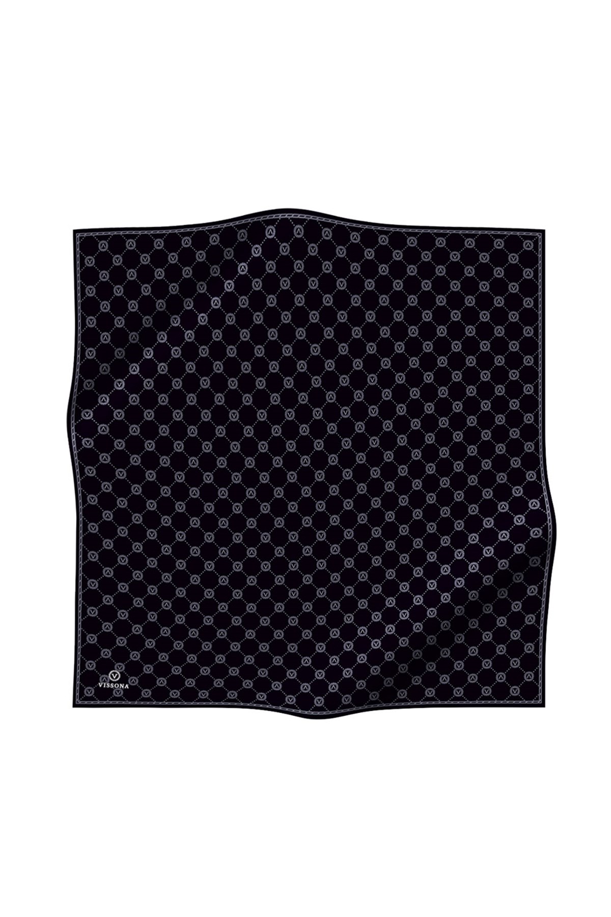 %100 Twill İpek Monogram Desenli Siyah - Gri Renkli 90x90 Eşarp Dikim Şekli : El Dikişi